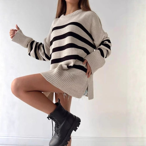 Damen Oversized Strickpullover mit markantem Streifenmuster und Rippenbündchen EB