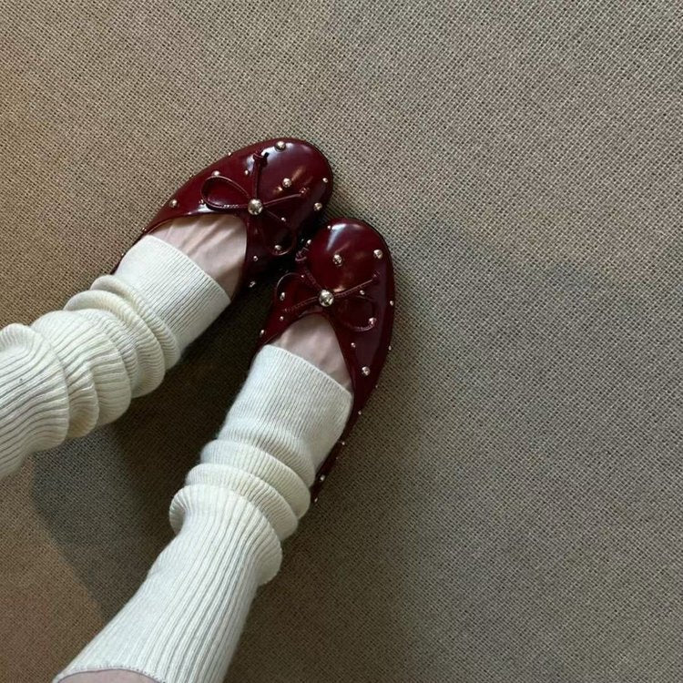 Damen Ballerinas mit modischem Schleifendesign und dekorativem Perlenbesatz EB