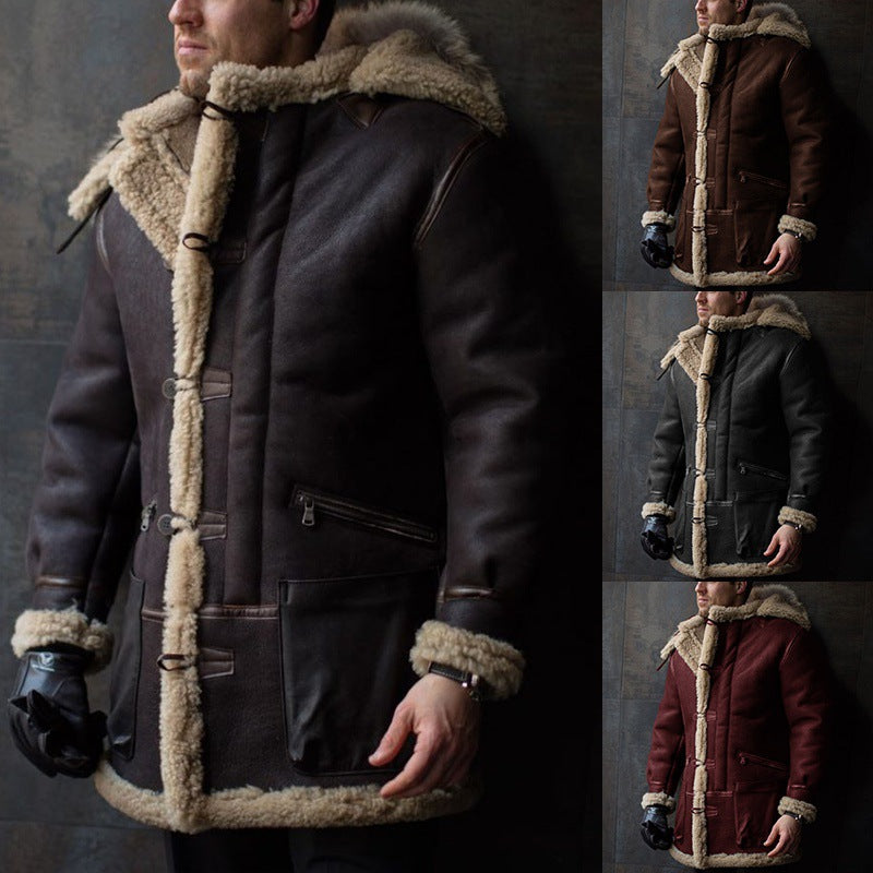 Herren Lammfell-Mantel mit Kapuze und praktischen Taschen EB
