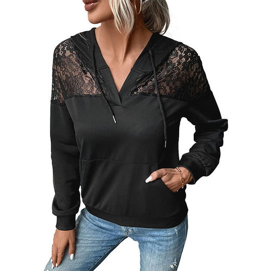 Damen Kapuzenpullover mit Spitzenbesatz und Kängurutasche EB