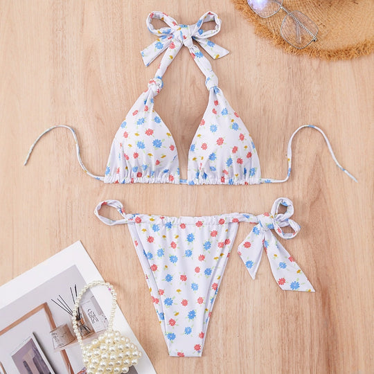 Damen Floral gemusterter Triangel-Bikini mit verspieltem Bindeband EB