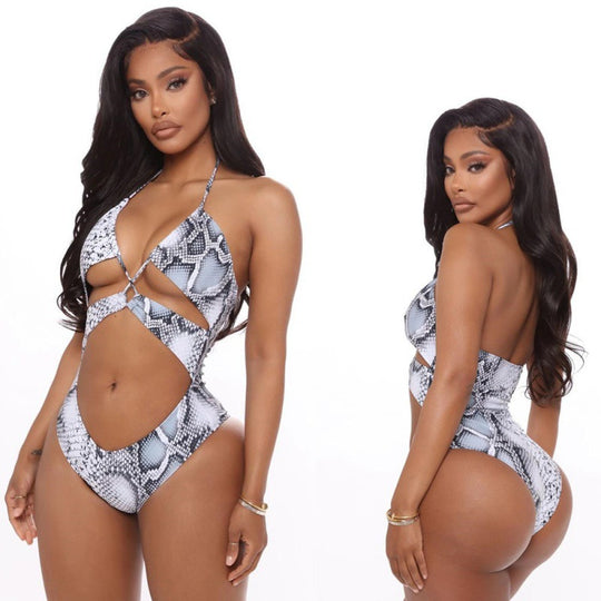 Damen Einteiler Badeanzug mit aufregendem Schlangenprint und modischen Cut-Outs EB