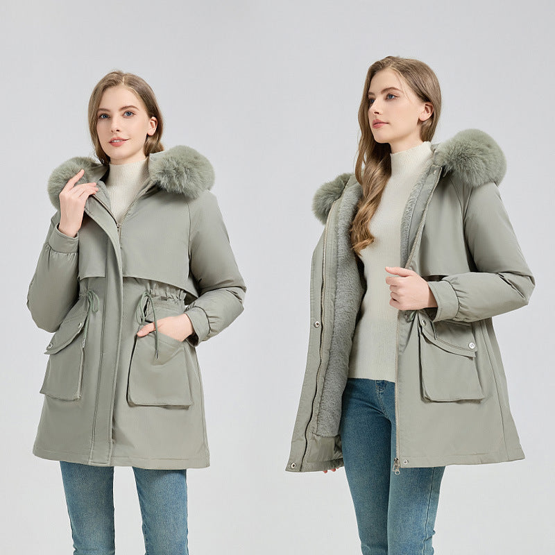 Damen nan funktionaler Thermoparka mit innenliegendem Teddyfutter, verstellbarer Kordel-Taille und großen Aufsatztaschen EB