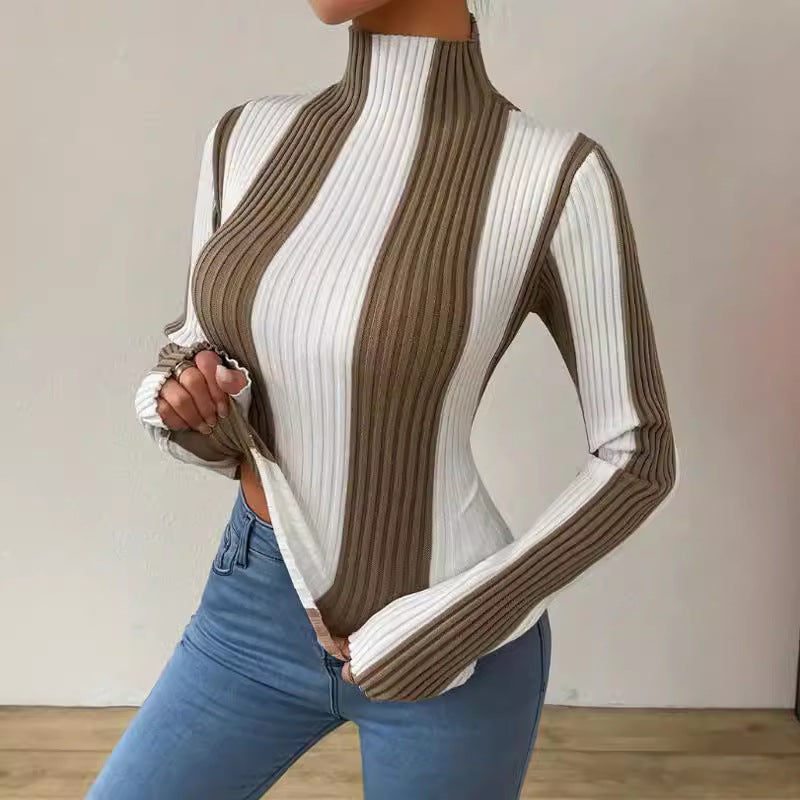 Damen Langarmshirt mit strukturiertem Rippmuster und hohem Kragen EB