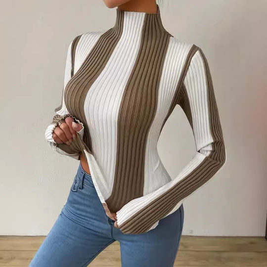 Damen Langarmshirt mit strukturiertem Rippmuster und hohem Kragen EB