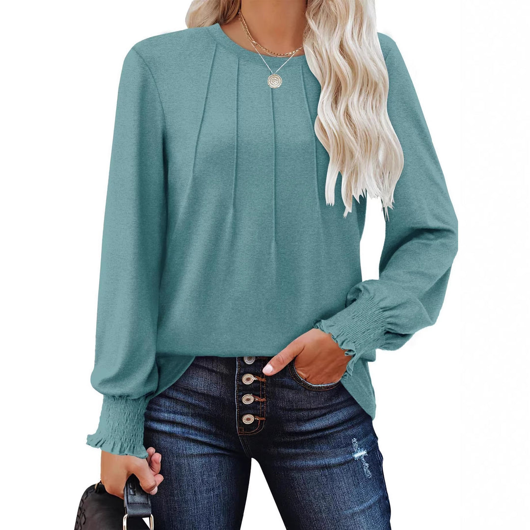 Damen Longsleeve-Tunika mit senkrechten Biesen und gerafften Rüschbündchen EB