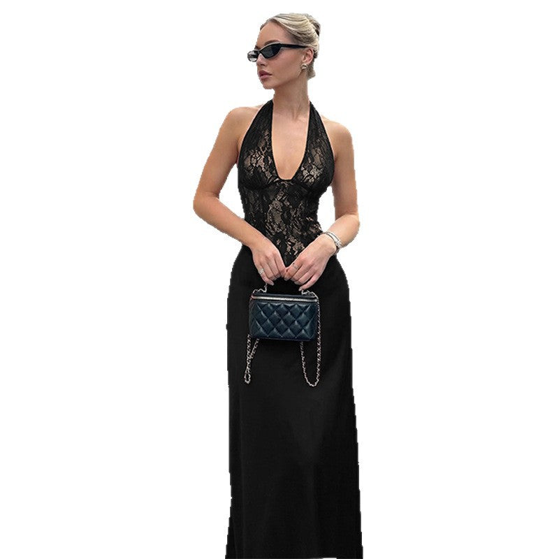 Damen Elegantes Maxikleid mit tiefem V-Ausschnitt und Spitzeneinsatz EB