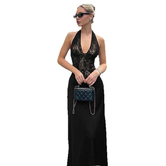 Damen Elegantes Maxikleid mit tiefem V-Ausschnitt und Spitzeneinsatz EB