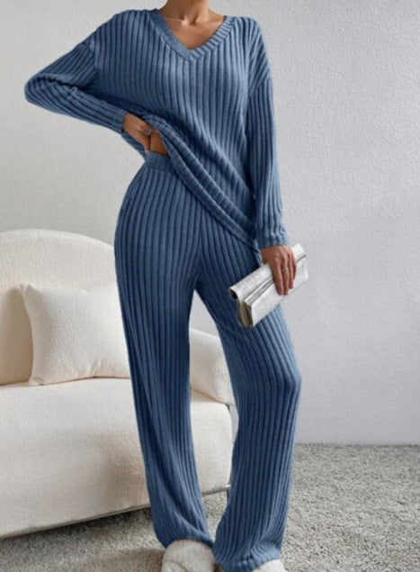 Damen Freizeit-Loungewear-Set aus weichem Rippstoff mit V-Ausschnitt EB