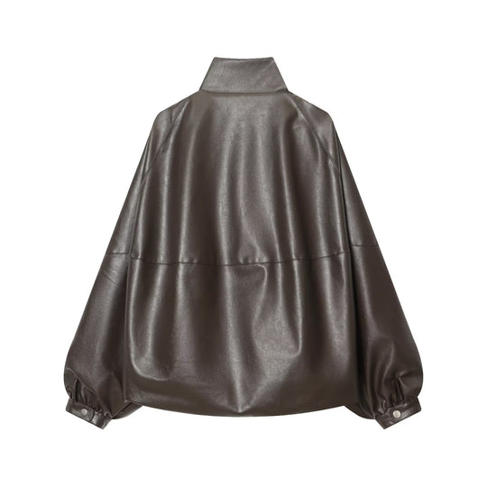 Damen Kunstlederjacke mit voluminösen Ärmeln und gewelltem Design EB