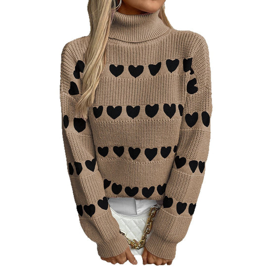 Damen Strickpullover mit Herzmuster und hohem Kragen EB