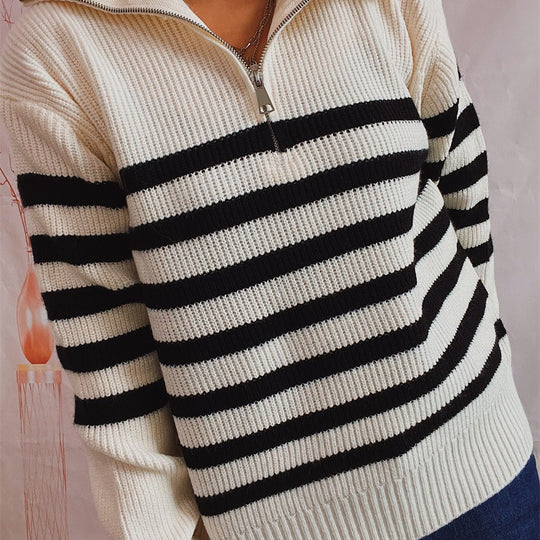 Damen gestreifter Pullover mit modernem Stehkragen und kurzer Reißverschluss EB