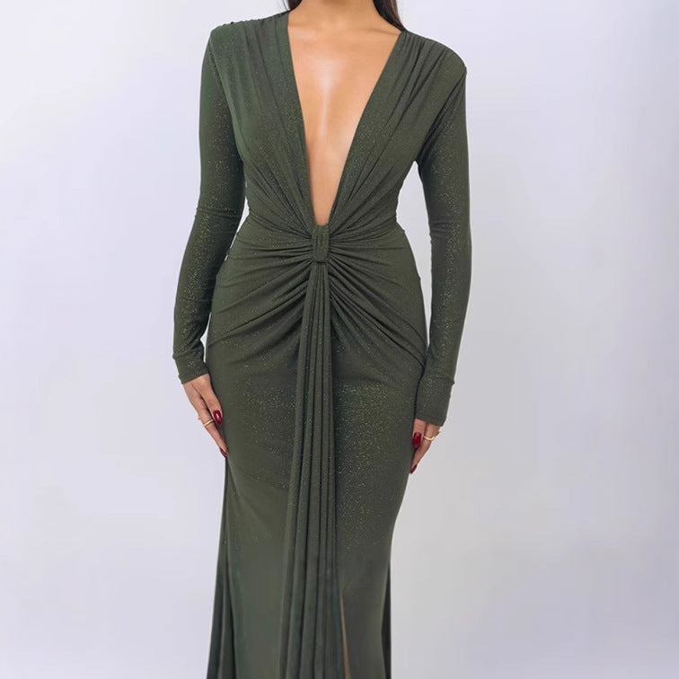 Damen Elegantes Wickelkleid mit tiefem V-Ausschnitt und figurbetontem Design EB