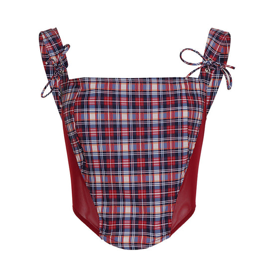 Damen Bunt karierter Badeanzug mit verspielten Bindebändern EB