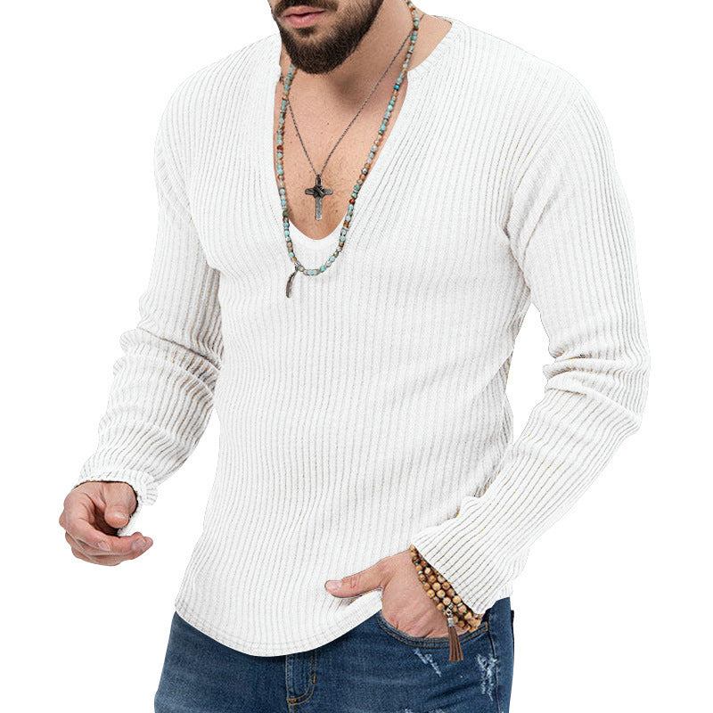 Herren Langarm-Rippenpullover mit tiefem V-Ausschnitt und modernem Schnitt EB