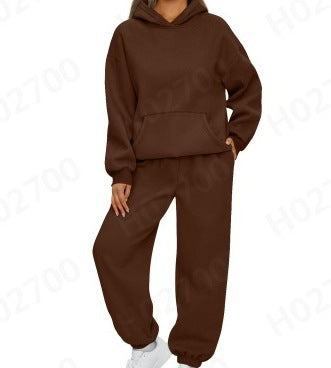 Damen nan gemütliches French-Terry Loungewear-Set mit doppellagiger Kapuze, Kängurutasche und elastischem Knöchel-Jogger EB