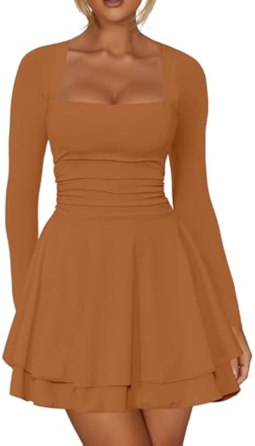 Damen Figurbetontes Jersey-Minikleid mit quadratischem Ausschnitt, taillierter Passform und Stufenrock EB