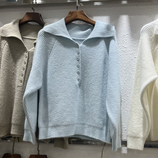 Damen Strickpullover mit Kragen und Knopfleiste EB