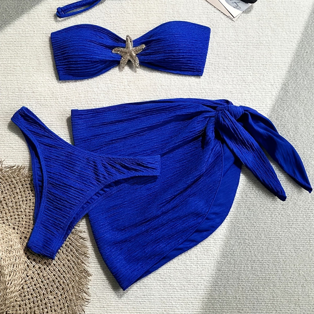 Damen Bandeau-Bikini-Set mit verspieltem Wickelrock und funkelndem Starfish-Detail EB