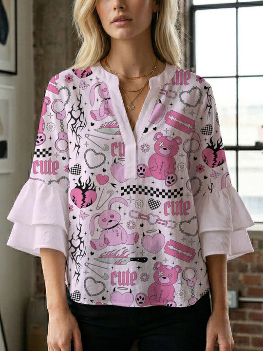 Damen Blusenshirt mit voluminösen Ärmeln und kreativem Druckdesign EB