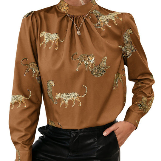 Damen Bluse mit glamourösem Tierdruck und eleganter Stehkragenform EB
