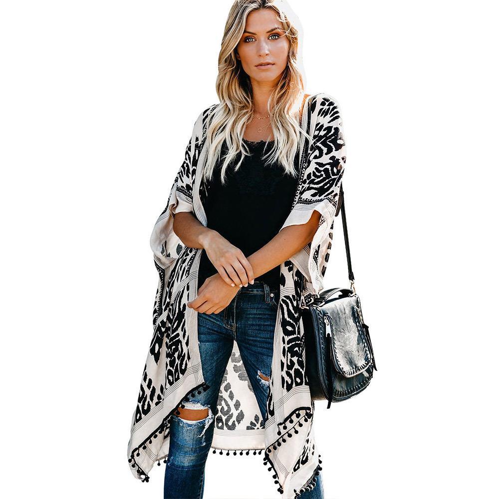 Damen Luftige Kimono-Cardigan mit aufwändigem Muster und fransenbesetzten Saum EB