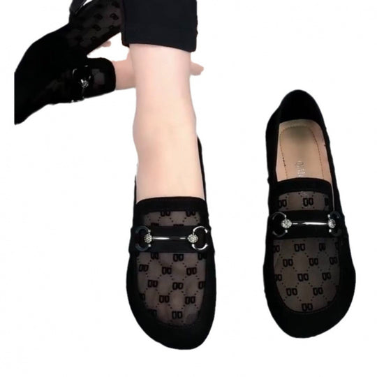 Damen Elegante Ballerinas mit transparentem Mesh-Einsatz und modischer Schmuckdetail EB