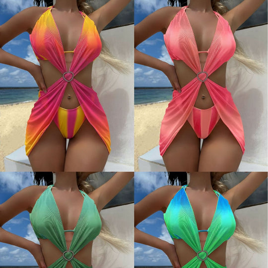 Damen Trendiges Zwei-in-Eins-Bikini-Set mit modischem Wickelrock EB