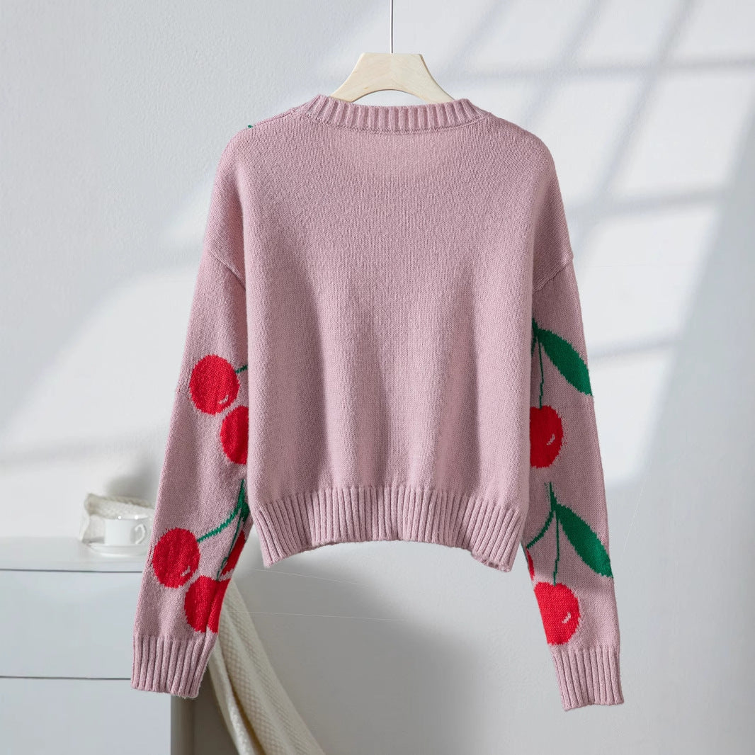 Damen lässiger Pullover mit fruchtigem Kirschmuster und weichem Strick EB