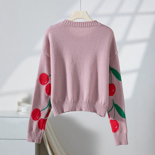 Damen lässiger Pullover mit fruchtigem Kirschmuster und weichem Strick EB
