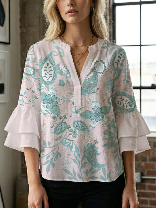 Damen elegantes Blusenshirt mit voluminösen Rüsenärmeln und grafischem Blumendesign EB