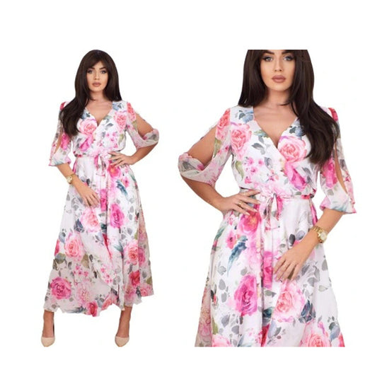Damen Maxikleid mit schulterfreien Ärmeln und floralem Design EB