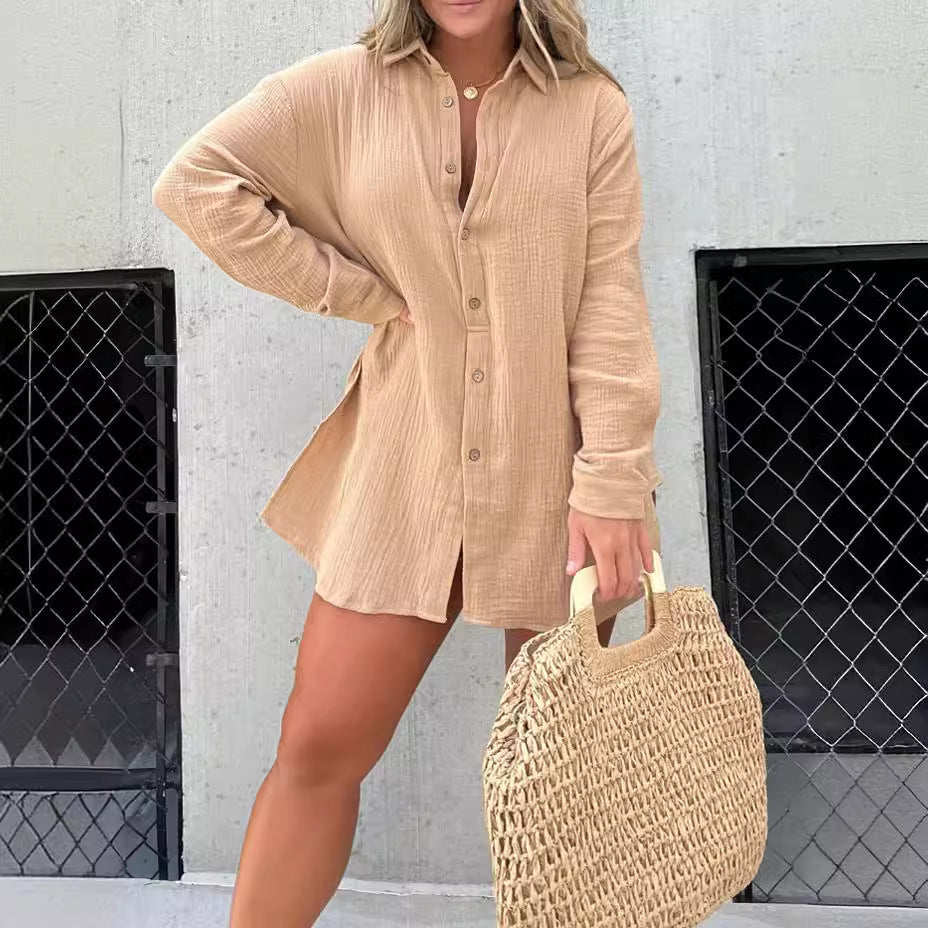 Damen lässiges Krepp-Blusenshirt und Shorts-Set mit taillierbarem Gürtel EB