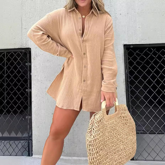 Damen lässiges Krepp-Blusenshirt und Shorts-Set mit taillierbarem Gürtel EB