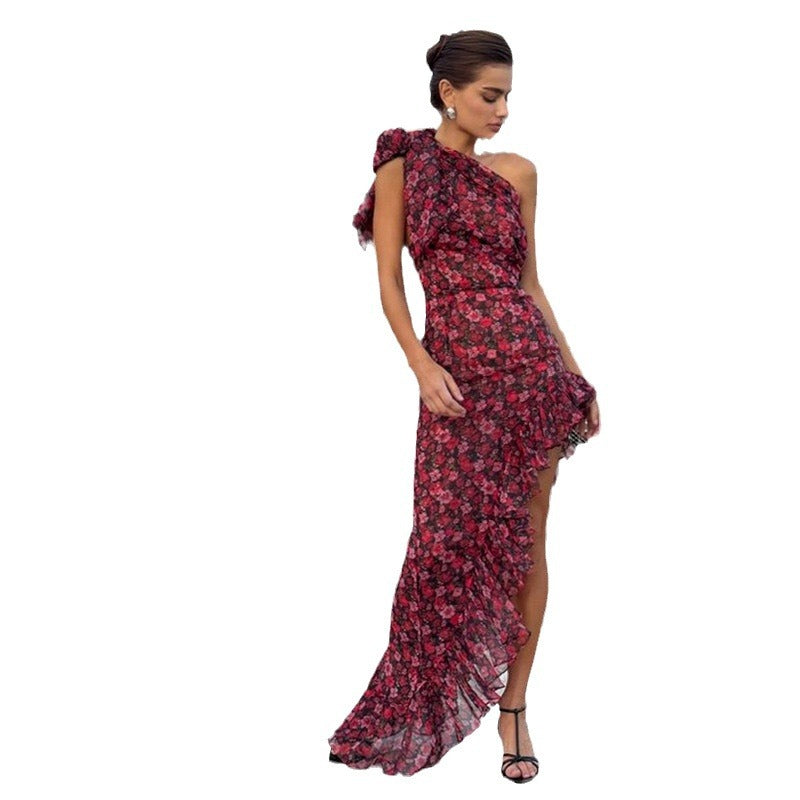Damen Asymmetrisches Maxikleid mit floralen Mustern und schwingendem Saum EB