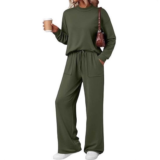 Damen Loungewear-Zweiteiler aus weichem Jersey mit Rundhalsausschnitt und weitem Kordelzug-Hose EB