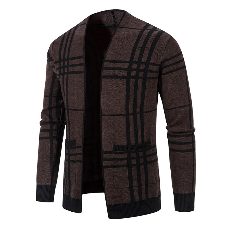 Herren modische Strickjacke im karierten Design mit praktischen Taschen EB