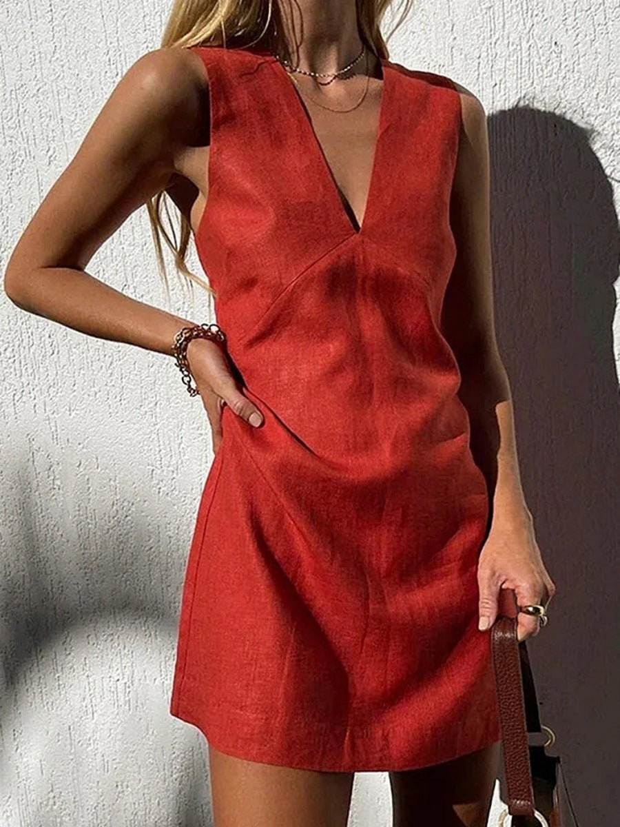 Damen leichtes Leinenkleid mit tiefem V-Ausschnitt und ärmellosem Design EB