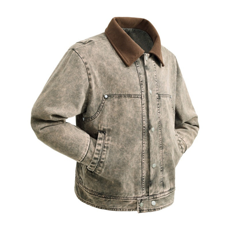Herren wattierte Jeansjacke mit Cordkragen, Druckknopfleiste und praktischen Seitentaschen EB