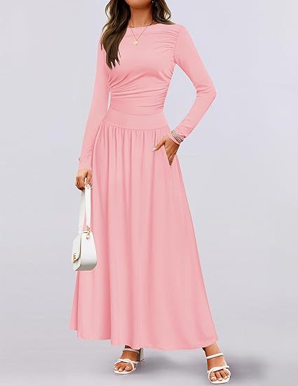 Damen Langärmliges Maxikleid mit eleganten Rüschendetails und praktischen Taschen EB