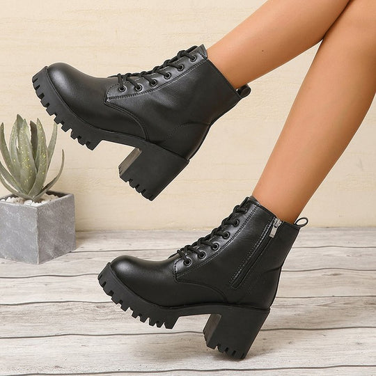 Damen High-Top Stiefeletten mit robustem Blockabsatz und Schnürung EB
