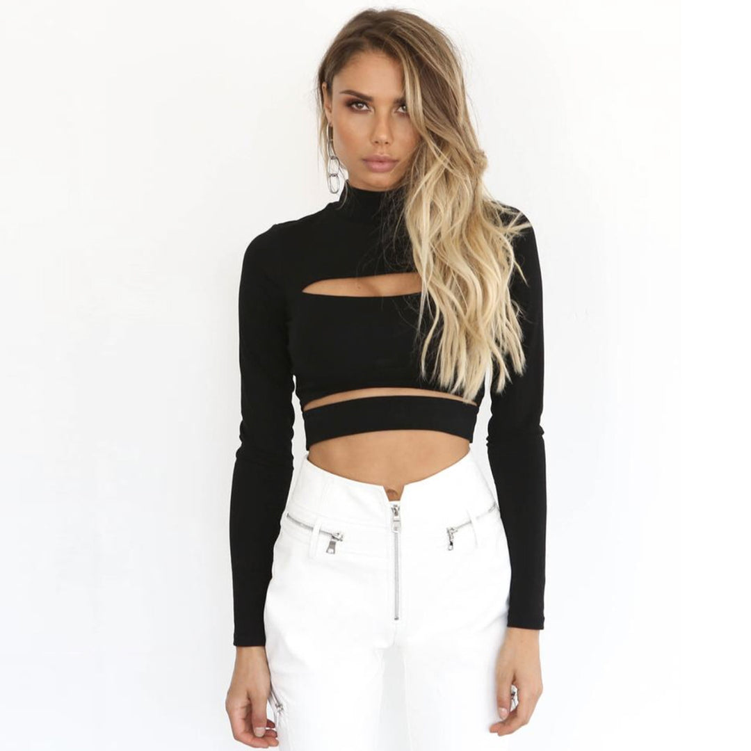 Damen Crop-Top mit Cut-Outs und hochgeschlossenem Design EB