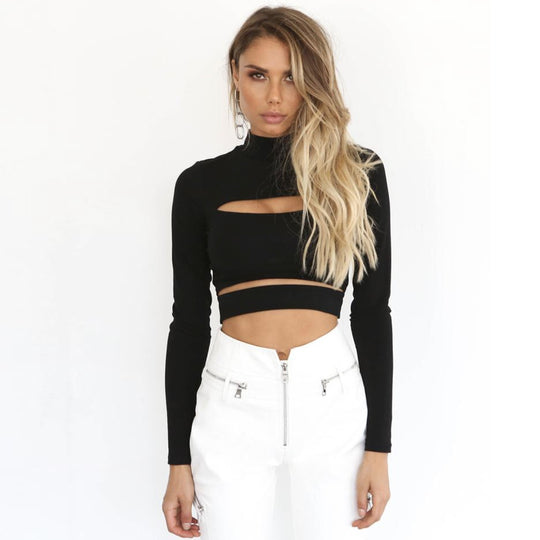 Damen Crop Top mit hochgeschlossenem Kragen und Cut-Outs EB