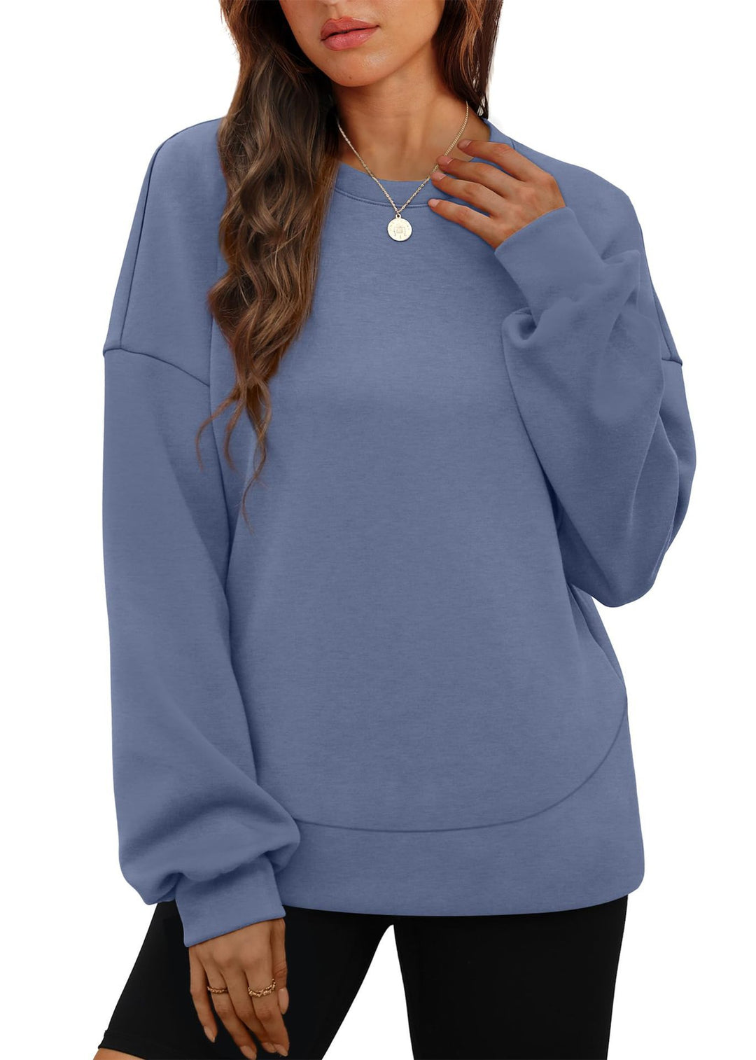 Damen nan lässiges Oversize Rundhals-Sweatshirt mit überschnittener Schulter gerundetem Saum und weichem Innenfutter EB