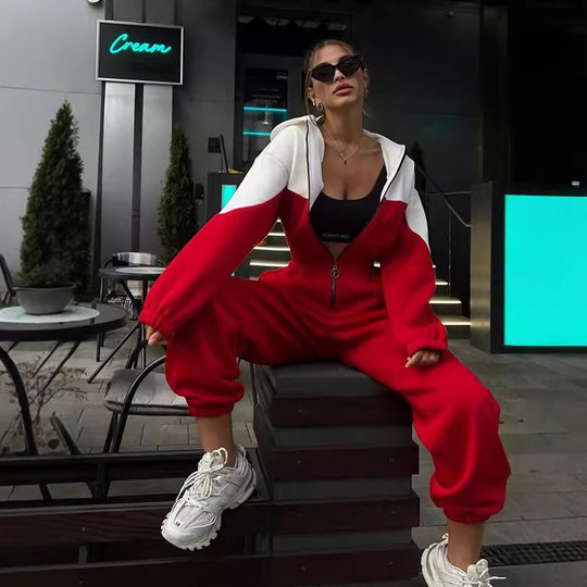 Damen nan zweiteiliges Crop-Zip-Hoodie und Highwaist Relaxhose mit weitem Bein EB