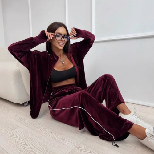 Damen elegantes Velours-Loungewear-Set im sportlichen Design mit kontrastierenden Streifen EB