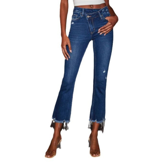Damen Bootcut Jeans mit fransigem Saum und trendiger Waschung EB