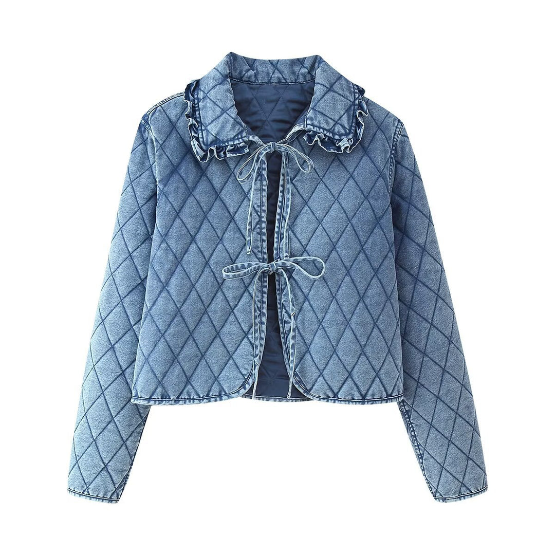 Damen gesteppte Denim-Jacke mit fransigem Kragen EB