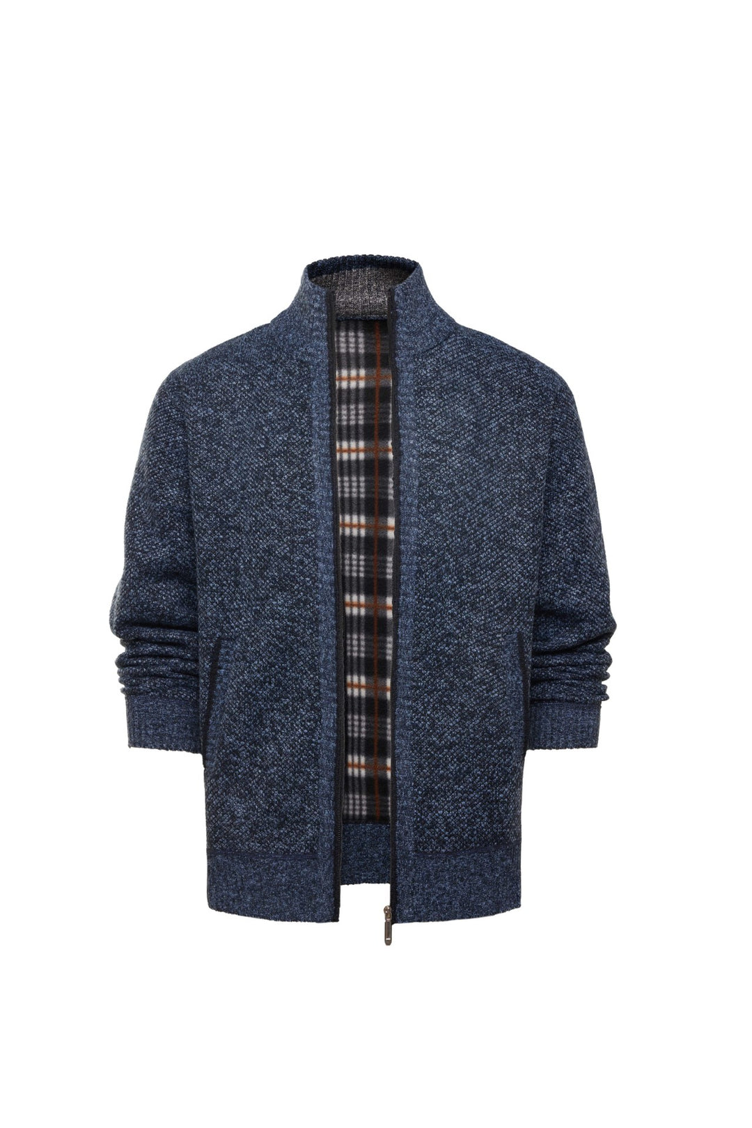 Herren gebürstete Strickjacke mit kariertem Thermofutter und Stehkragen EB