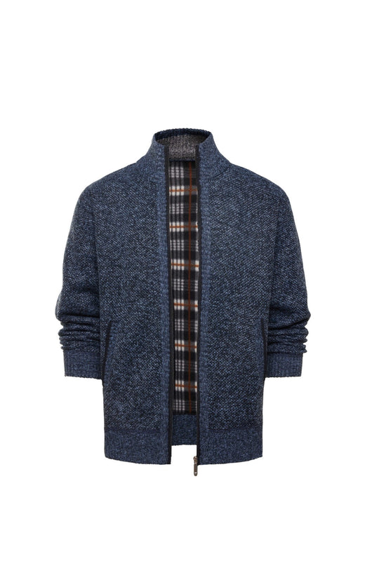Herren gebürstete Strickjacke mit kariertem Thermofutter und Stehkragen EB